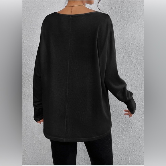 Black Oversized V Neck Batwing Long Sleeve Knit Tee - Picture 4 of 10